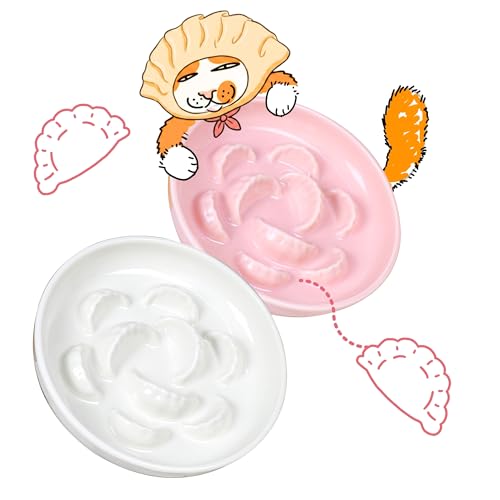 2 Pcs Ceramic Cat Slow Feeder Bowl Set, Dumpling Shape Cat Food Plates, 6.2" W Wide Shallow Whisker Friendly Slow Feeding Cat Bowls for Dry Food, Wet Food & Treats, Dishwasher Safe, White & Pink - color: Pink + White
