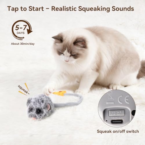 Migipaws Interactive MigiMouse Cat Toy 360° Rolling & Spin with Wiggling Tail for Indoor Cats Smart Motion Sensor, Realistic Squeak, Rechargeable Plush Kitten Toy(Grey Long)