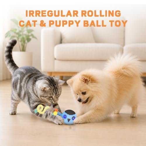 Cat Ball Toy, Upgraded Smart Motion Sensor Moving Ball with 3 Speed Modes & 4 Sounds, Interactive Toy for Indoor Cats, Motion Activated, Chirping Light, 2 Feather Tails(Blue) - color: Blue