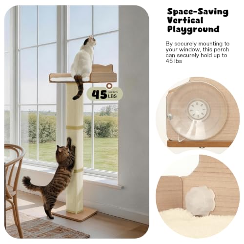 Cat Window Perch with Thick Sisal Scratching Post, Cat Hammock for Window, 53.5" Adjustable Tall Cats Scratching Post with 2 Upgrade Suction Cups, Cats Window Bed with Fluffy Cushion, Sisal