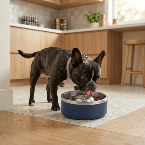 Stainless Steel Slow Feeder Dog Bowl, Heavy Duty Thickened Metal Dog Bowl, Non-Slip Base, Dishwasher Safe, Anti Gulping Feeding Bowl for Small to Medium Dogs & Cats, 56 oz, Dark Blue - color: Dark blue