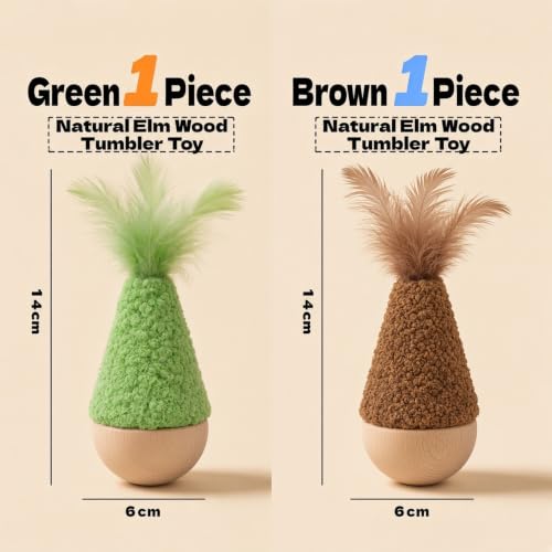 2 Pack Cat Feather Toys Wooden Tumbler - Interactive Wobble Self-Righting Plush Stuffed Toys for Indoor Cats & Kittens, Catnip Free Cute Kicker Chaser Set