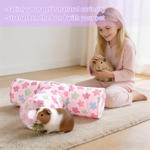 Rypet Guinea Pig Tunnel Hideout 3-Way Collapsible Small Pet Tubes, Pink - color: Flower