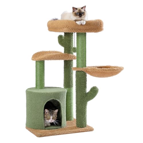 MUTTROS Cactus Cat Tree, Multi-Level Cat Tower with Large Metal Carpet Hammock, Cat Scratching Post for Indoor Cats with Condo & Replaceable Toy Ball, Green - color: Cactus Green, size: 38"