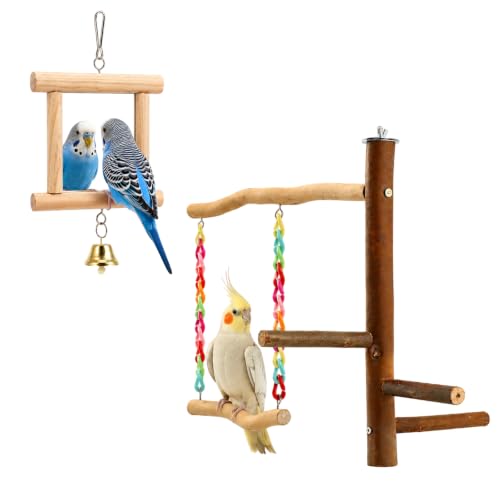 Bird Swing Toys with Perch Stand, Natural Wood Bird Play Stand with Swing and Mirror, Chewable Bird Cage Toy for Budgies Parakeets Cockatiels and Small Parrots
