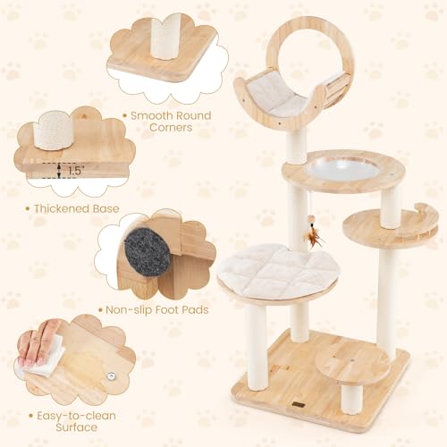 PETSITE 57 Inches Tall Wooden Cat Tree, Multi-Level Cat Tower with Scratching Posts, Space Capsule Bed, Padded Platform and Hanging Ball, Modern Transformable Cat Tree Tower for Indoor Cats Large