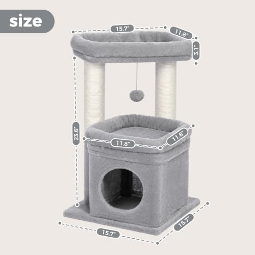 PEQULTI Small Cat Tree Tower for Indoor Cats, Sisal Post & Cozy Condo, Grey - color: Grey, size: M(15.7"L x 15.7"W x 26.7"H)