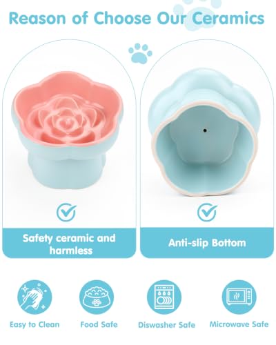Ceramic Elevated Slow Feeder Cat Bowl Set with Feeding Mat & Measuring Scoop, Raised Tilted Puzzle Bowl for Cats & Small Dogs, Whisker Friendly Pet Feeding Dish for Dry Wet Food (Blue) - color: Blue