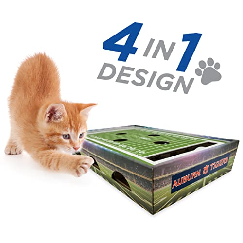 Pets First NCAA Auburn Tigers Cat Scratcher Box, Game Day Cat Toy, NCAA Football Field Designed Cat Scratcher and Lounge, Stimulating Cat Game - color: Auburn Tigers