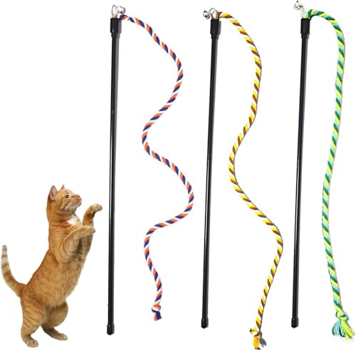 KABASI 3PCS Cat String Wand Toys, Interactive Cats Teaser Wand with Bell