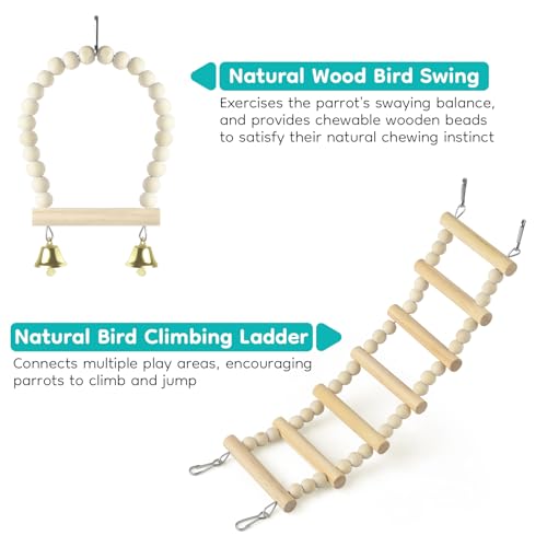 DBNESS 5in1 Bird Toys, Birdie Perches Platform Swing with Stainless Steel Feeding Cup Climbing Ladder, Wooden Play Gym for Cockatiels Lovebirds Budgies Pacific Parrotlets Finch Canaries - size: 5 in 1