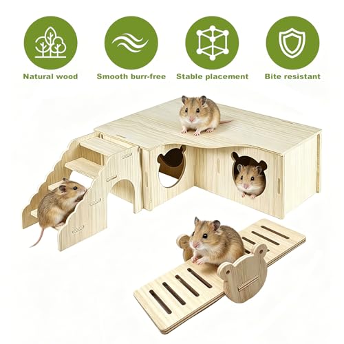 3 Pcs Wooden Hamster Platform Set,Multi‑Chamber Hideout House Ladder Seesaw - color: M