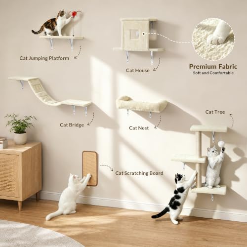 Cat Wall Shelves, 6-in-1 Cat Wall Furniture Set, Beige - color: Beige