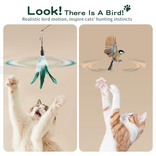 Pawaboo Cat Feather Wand Interactive Toy, 2 Feathers + 1 Wand with Bell - color: White & Green
