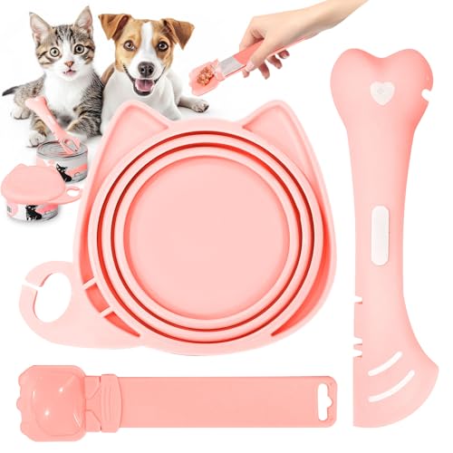 BAEJMJK Silicone Cat &Dog Food Can Cover Lid and Spoon With One Cat Strip Feeder 3Pcs Pet Cats Supplies Set Cute Shape Cats Wet Food Spoon(Opener/Spatula) Universal Can Cover（Pink） - color: Pink