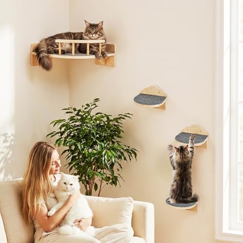 Cat Shelves for Wall, Corner Cat Wall Shelf with 3 Wide Steps, Wooden Wall Mounted Cat Shelf for Indoor Cats, 30 lb Capacity, Removable Plush Pads, Cat Climbing Perch Set for Large Cats