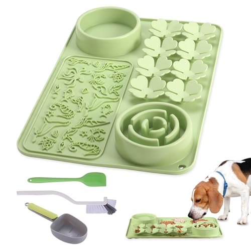 Silicone Lick Mat for Dogs & Cats – Slow Feeder Dog Bowl, Non-Slip Licking Mat for Large & Small Breeds, Puzzle Feeder & Snuffle Mat for Fast Eaters, Interactive Pet Food Mat with Measuring Spoon - color: Green With Spoon