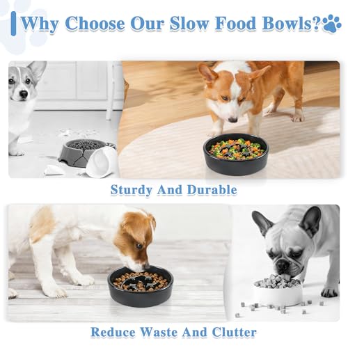 Ceramic Slow Feeder Dog Bowls, 0.6 Cups Dog Food Dish for Small Breed - color: Black-M
