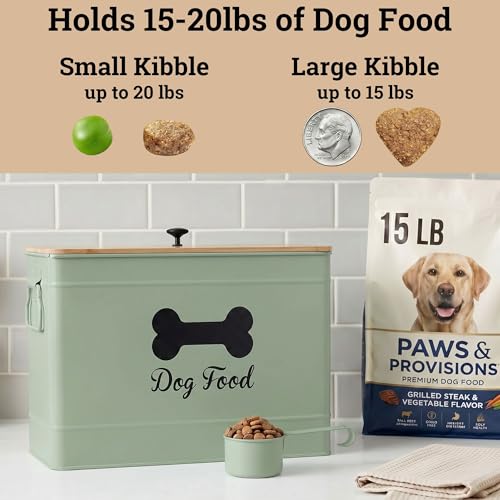 Metal Dog Food Container 15-20 lbs w/ Airtight Bamboo Lid, 70 Cup Capacity - color: Sage Green: Bone