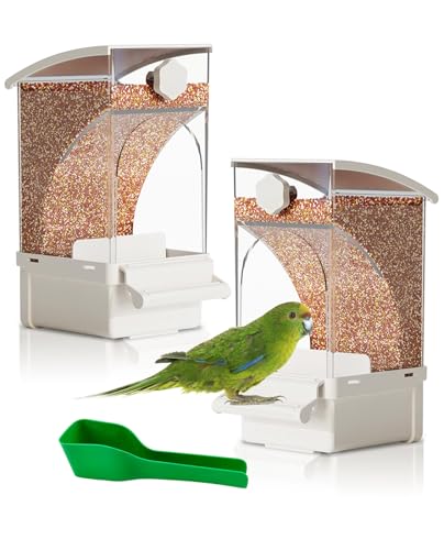 Hamiledyi 2Pcs Automatic Birds Feeder No Mess Bird Cage Feeder Transparent Acrylic Parrot Seed Food Container with Perch Bird Cage Accessories for Parakeet Finch Lovebirds Budgies Canary (White) - color: White Transparent - 2