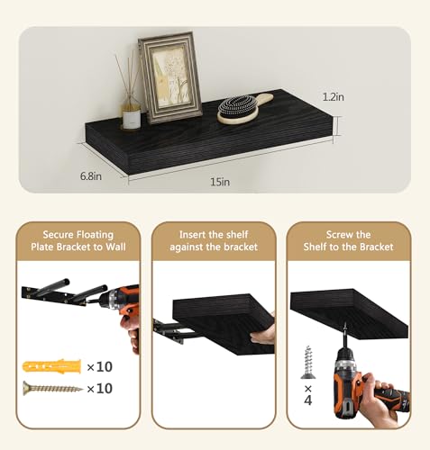 Vervida® Black Rustic Floating Wall Shelves 15in Set of 3 Hidden - color: Black, size: 15x6.8 (3Pcs)