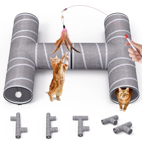 PETOCAT Cat Tunnel 4 Way with Teaser Wand & 2 Plush Ball, 5 Shapes Available, 54/80.7" L, H-Shaped Collapsible Pet Play Tube Maze for Kitten Puppy Bunny Ferret Rabbit, Indoor/Outdoor Peekaboo Cave - size: L-H-Shape