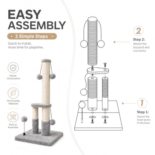 Dimaka Tall Cat Scratching Post, Double Lower Posts Extra Stable Cat Post Tree Scratcher with Sisal Rope and Teasing 4 Balls Total Large Base (Grey) - color: Grey