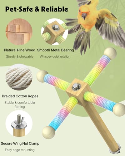 Pawfly Natural Wood Spinning Bird Standing Perch, 360 Degree Rotatable Chew Play Toy, Interactive Cage Accessory for Parakeets Cockatiels