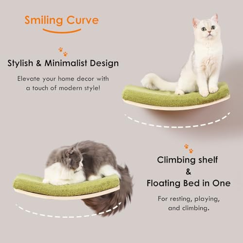 Curved Cat Shelves and Perches, Floating Cat Wall Bed with Comfortable Cushion - color: Wood Shelf+Green Cushion