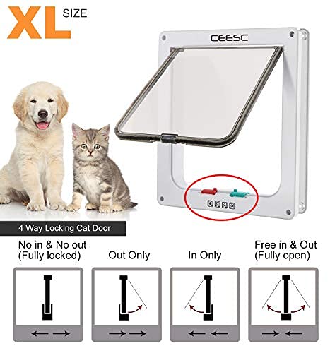 CEESC Extra Large Cat Door (Outer Size 11"x9.8"), Weatherproof, White, ABS Material, 4-Way Locking Flap for Cats & Dogs up to 25.54 lbs (Pack of 2) - color: White, size: XL- Inner size: 7.9"(W) x 8.7"(H) (Pack of 2)
