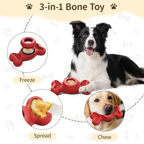 3-in-1 Enrichment Dog Toy for Aggressive Chewers, Frozen Treat Toy & Interactive Treat Dispenser with Peanut Butter Grooves, Long Lasting Slow Feeder Chew Toy for Large Dogs,Easy to Clean,Red - color: Red