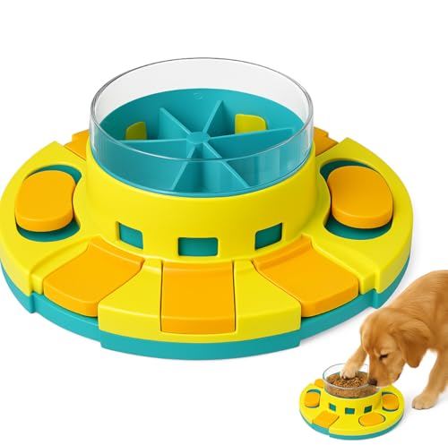 Interactive Dog Puzzle Bowl, Yellow and Blue, Slow Feeder with 3 Food Channels, Brain Development Training Toy for Dogs