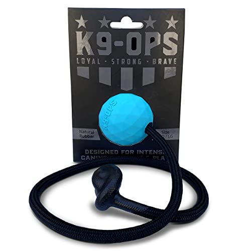 K9 Ops Dog Ball on a Rope Moki Tug Toy - Solid Rubber Fetch Training Reward - Large Dogs Durable Indestructible Chewers Pitbull Dobermann Rottweiler Shepherd (Lagoon Blue - Black Rope) - color: Lagoon Blue, size: LG/XL