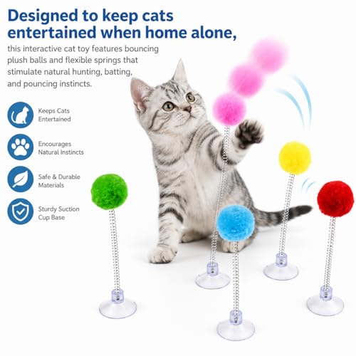 5pc Suction Swatter Cat Toy - 6 Inch with Spring and Plush Ball, Bouncing Cat Teaser for Indoor Kittens and Cats, Self-Play Exercise and Entertainment Pet Toy - Swatting Toy for Cats(Random Colors)