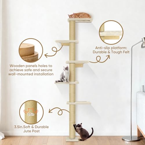 PAWSCRAT 5-Tier Wall-Mounted Cat Tree, 80-Inch Sisal Post, Beige - color: Beige