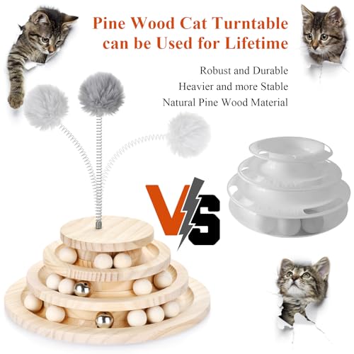Large Upgraded Cat Track Ball Toy with Bell & Teaser Wand - 3-Layer Tower Roller, Interactive Wooden Cat Toy for Mental & Physical Exercise, Double Fun for Kittens & Adult Cats - size: 11.0