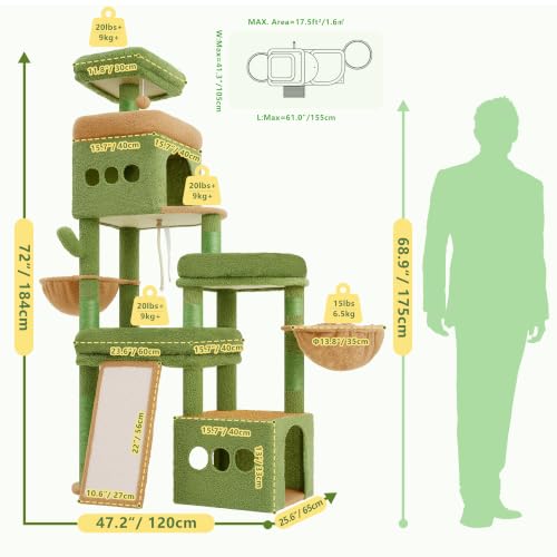 Heybly Cat Tree 72.4-Inch Anti-Tip Cat Tower with Spacious Perches HCT060GY - color: Green and Yellow