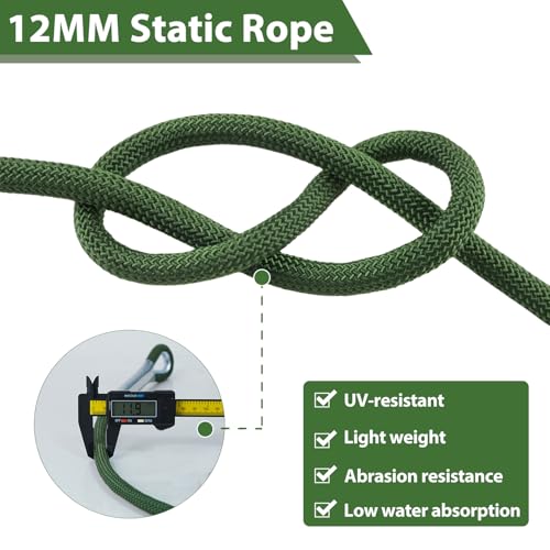 Static Climbing Rope - 12mm High Strength Arborist Rope 65FT for Outdoor Rappelling, Swing, Rigging, Tree Work, Camping - Green - color: Green, size: 65FT