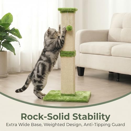 Fansafurn Tall Cat Scratching Post, 32'' Heavy Duty and Thick Scratching Post, Scratching Post for Adult Cats, Thick Sisal Rope with Hanging Ball, Green - color: Green, size: 32''
