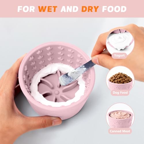 Dog Slow Feeder Lick Bowl, Silicone Dog Bowl with Strong Suction, Pink - color: Pink