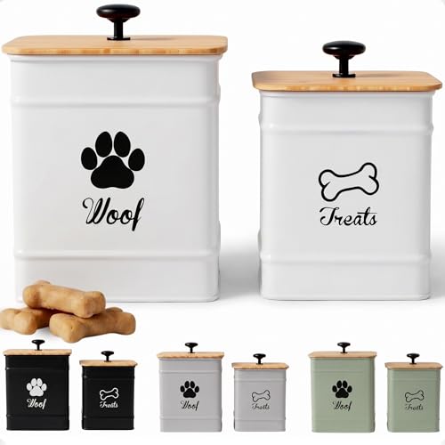 Dog Treat Container Set of 2 with Airtight Bamboo Lids - 8x6 & 7x5 inch - color: White - Large