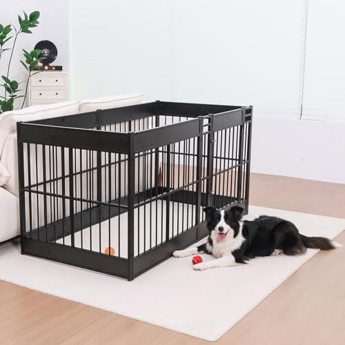 Furniture Style Dog Playpen, 35.4" Tall Indoor Dog Pen with Wood Panels - color: Black, style: 6 Panels (35.4" High)