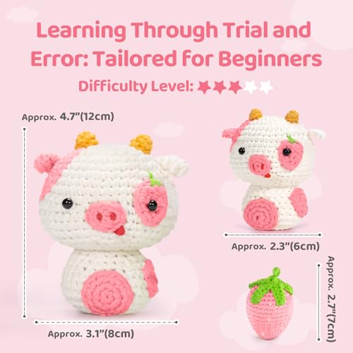 Mewaii Strawberry Cow Crochet Kit for Beginners, 40% Extra Yarn - color: Pink
