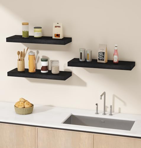 Vervida® Black Floating Wall Shelves 24in Deep Set of 3 Holds 37lbs - color: Black, size: 24x7.9 (3Pcs)