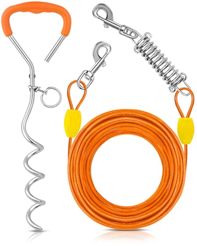 Petbobi Dog Tie Out Cable and Stake, 50ft Heavy Duty Dog Leads for Yard - color: Orange, size: 50 ft (120 lbs)
