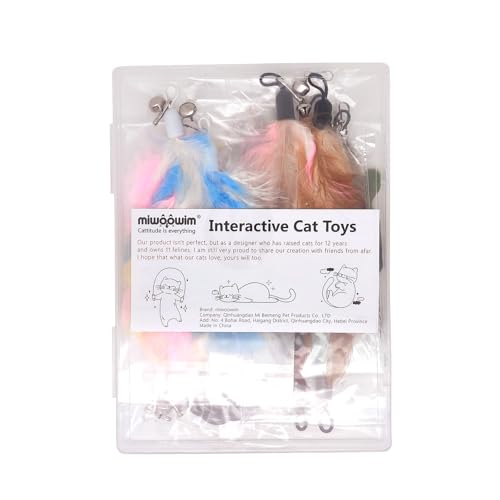 miwoowim 12 Pack Cat Wand Toy Refills with Bells, Teaser Toys Replacement - color: 12 colored feather replacements