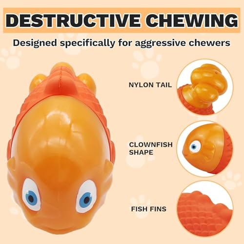 WinTour Indestructible Dog Toys for Aggressive Chewers, Tough Chew Toys for Medium & Large Breeds, Squeaky and Durable Chewers for Large Dogs - color: Orange Nylonfish