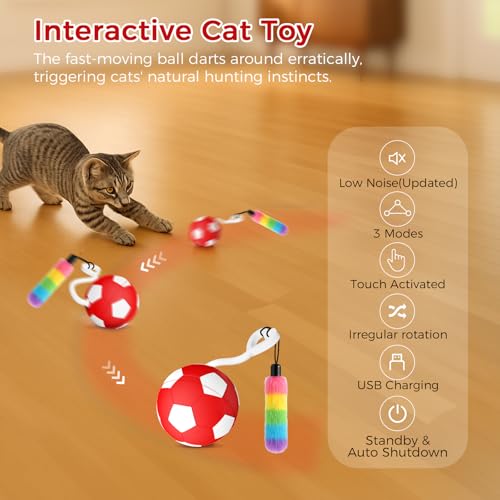 VIWIK Interactive Cat Toys for Indoor Cats, Automatic Motion Activated Kitten Ball Toy, Moving Stimulation Cat Toys for Bored Indoor Adult Cats, Low Noise Fast Rolling Moving Ball Red