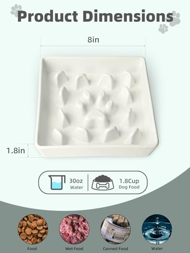 Ceramic 1.8 Cup for Small & Medium Breeds Slow Feeder Dog Bowl (White) - color: White