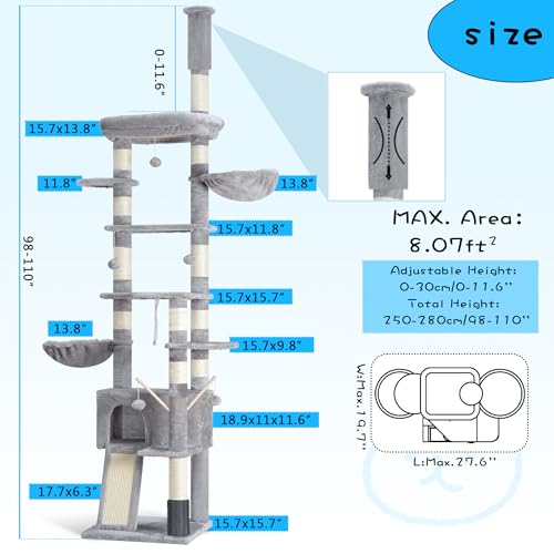 Hey-brother Cat Tree Tower, Adjustable Height, Floor to Ceiling, MPJ091W - color: Light Gray